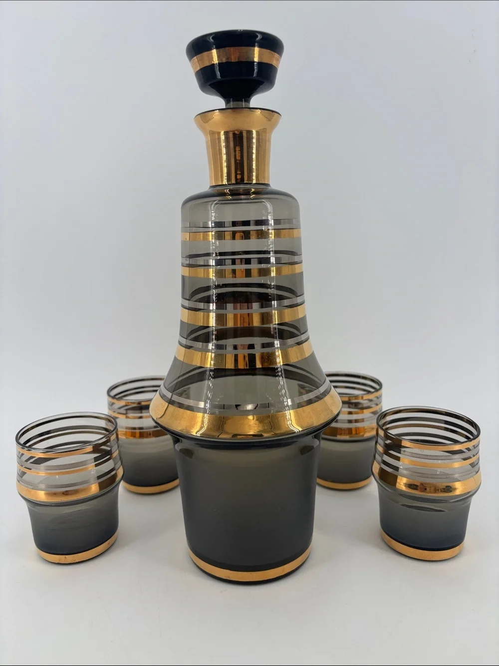 Vintage mid-century modern smoky glass decanter bar ware set